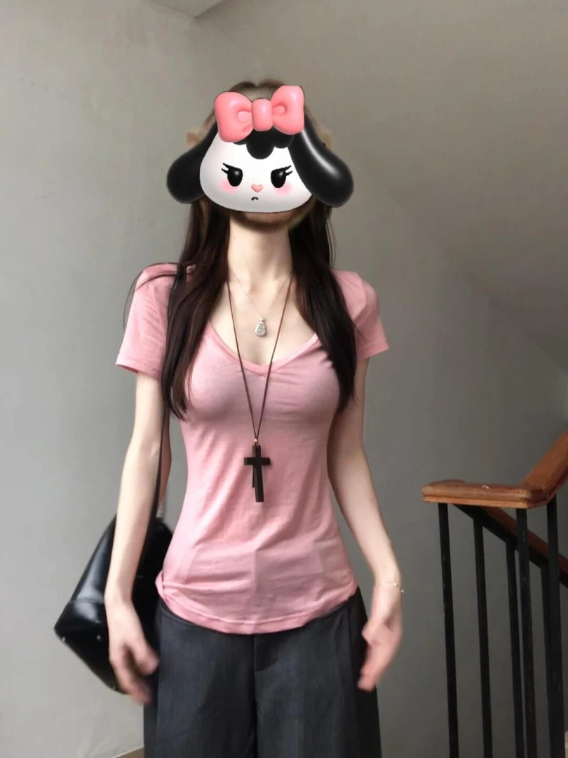 纯欲风粉色心机冰丝凉感V领显瘦短袖t恤女夏季掐腰甜辣休闲上衣潮