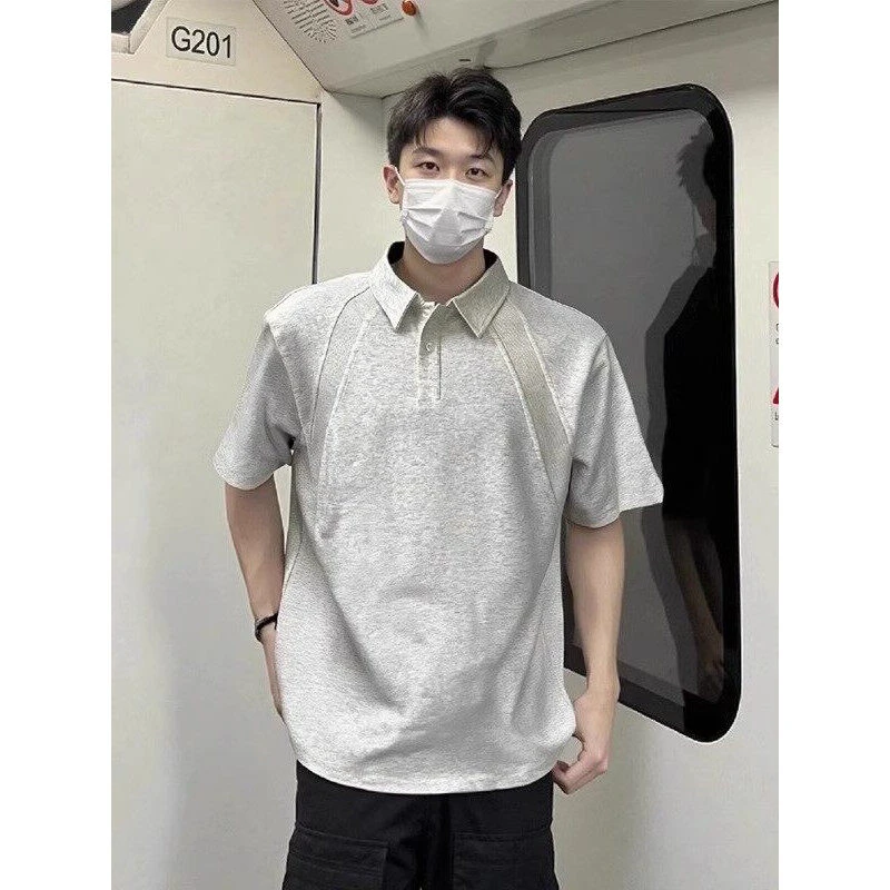 美式正肩polo衫短袖t恤男夏季拼接翻领衬衫重磅硬挺boxy版型上衣