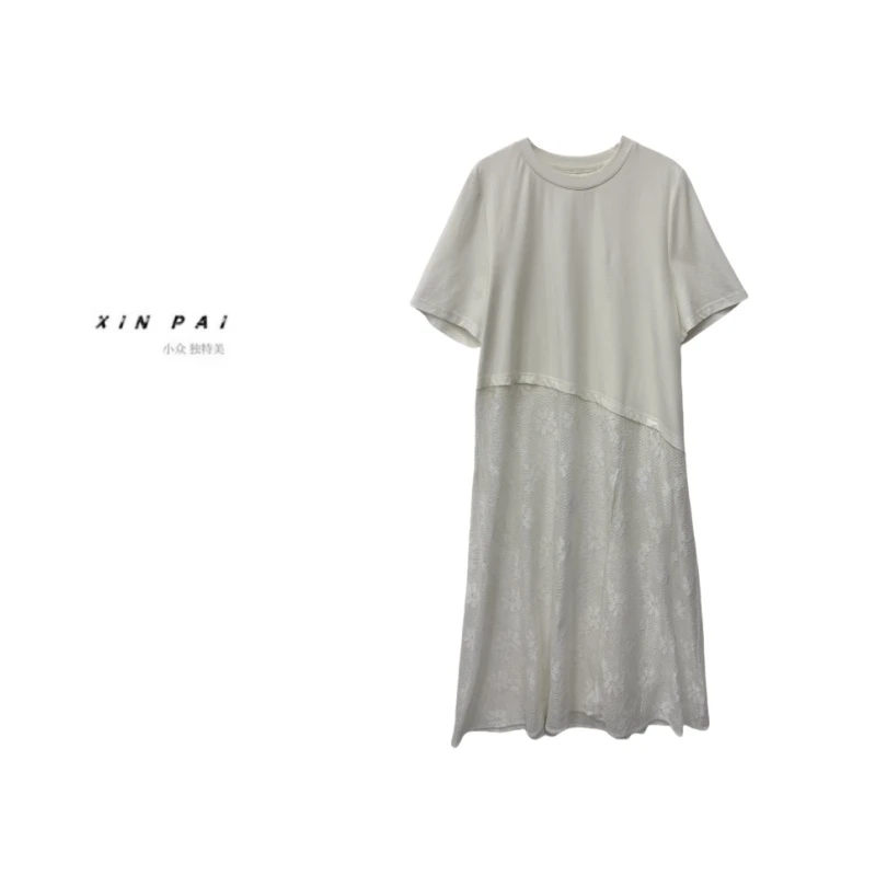 鑫鑫2025夏季新款欧洲站时尚拼接蕾丝中长款圆领显瘦连衣裙2688