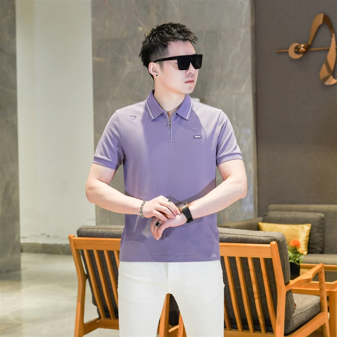 2025夏季新款男士高端风信紫色半拉链翻领POLO衫短袖T恤GL882586