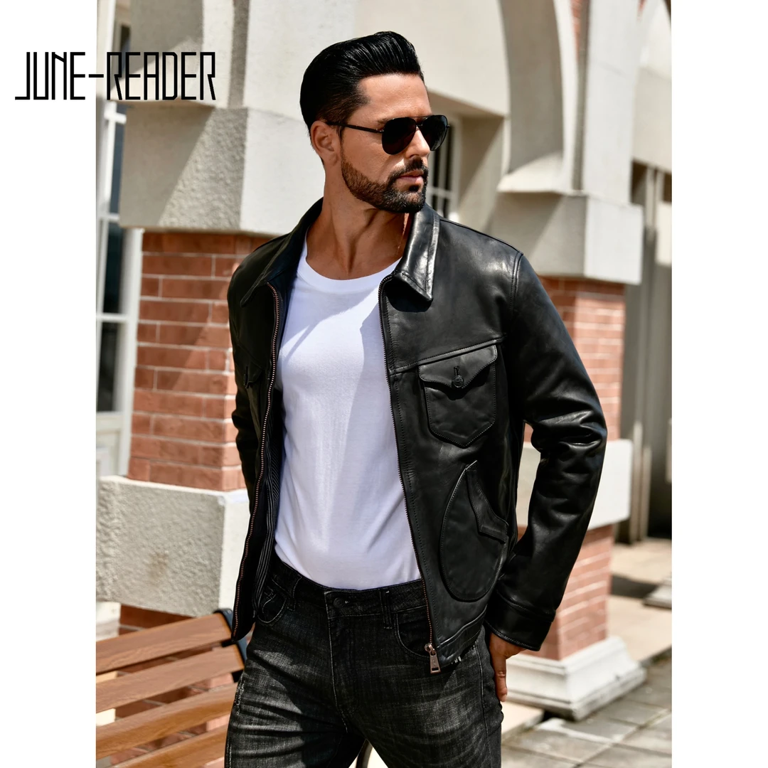 门多萨无涂牛皮重水洗真皮夹克男士机车短款修身复古皮衣翻领外套