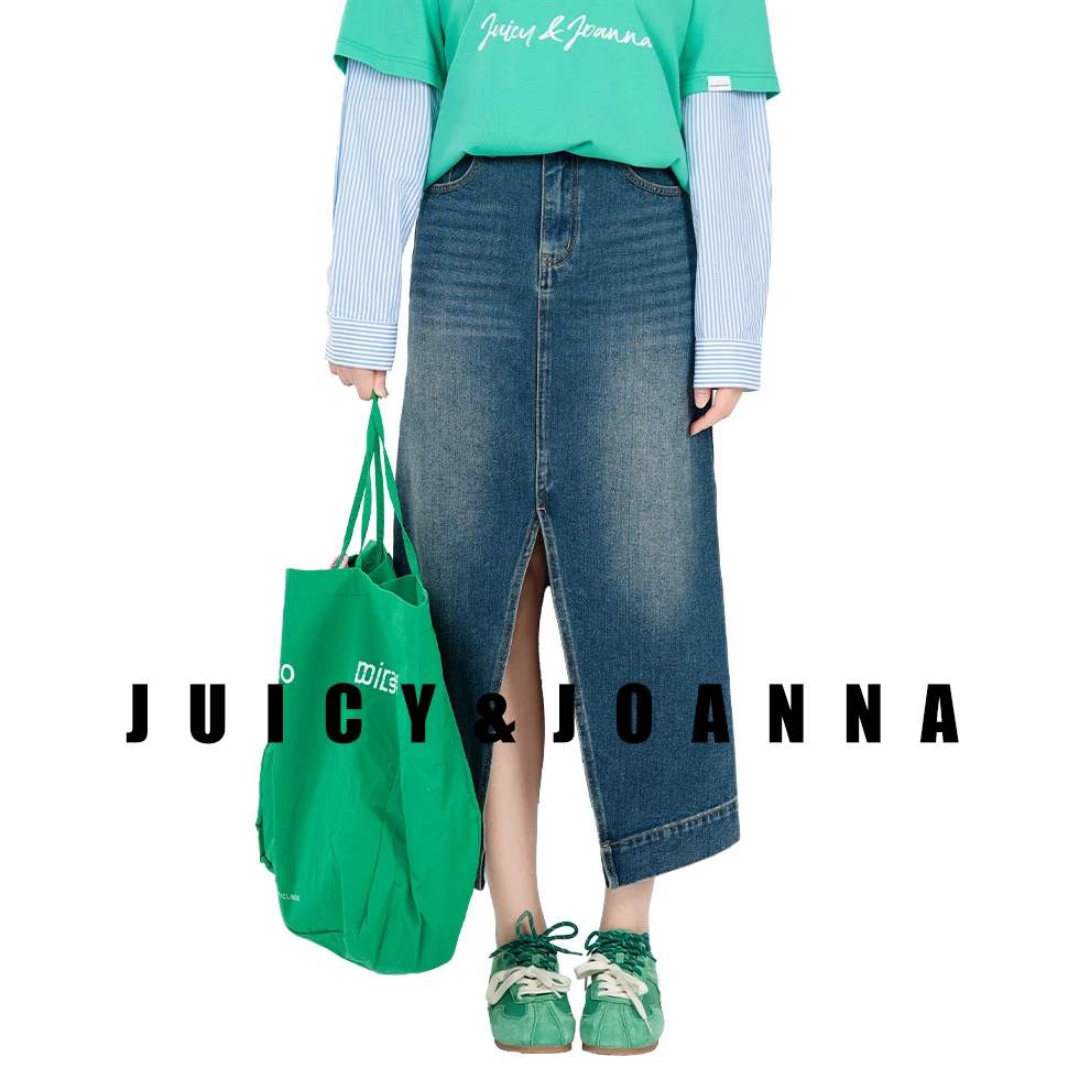 JUICY&JOANNA/橘子樱桃蓝色直筒前开叉牛仔半裙