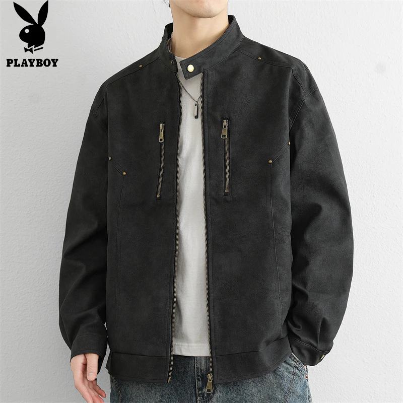 花花公子男士皮衣休闲宽松立领春秋季新款潮流百搭韩版皮夹克外套