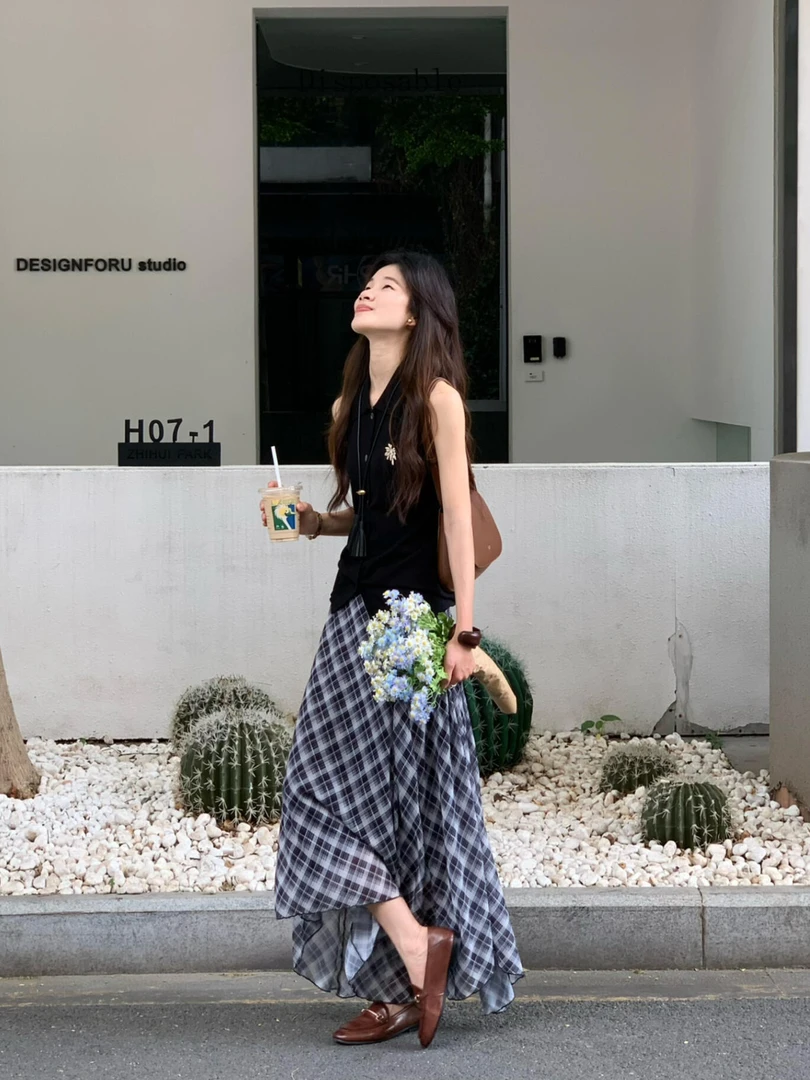 夏季长裙时尚休闲风长款复古学院风时尚套装A字半裙短裙法式通勤