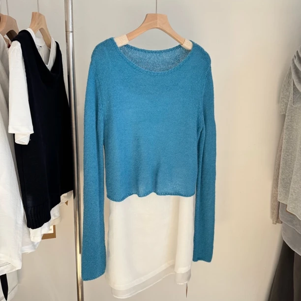 韩代蓝色毛衣➕v领欧根纱吊带