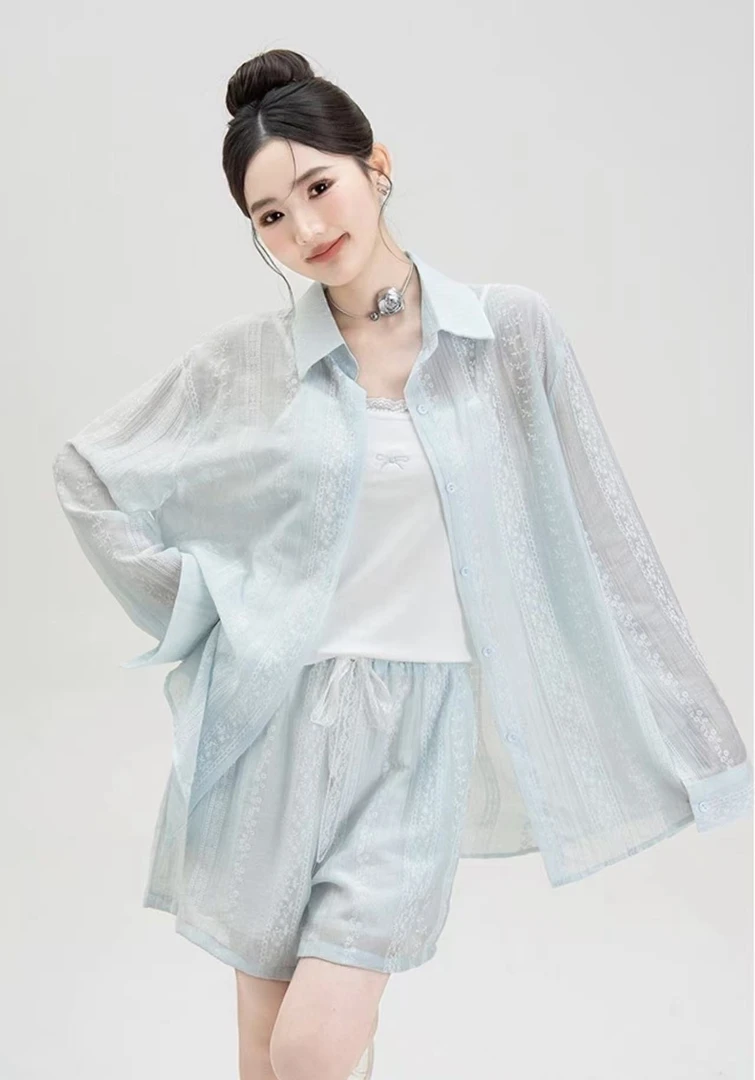 【98156】水#衬衫上衣+吊带+短裤【三件套】