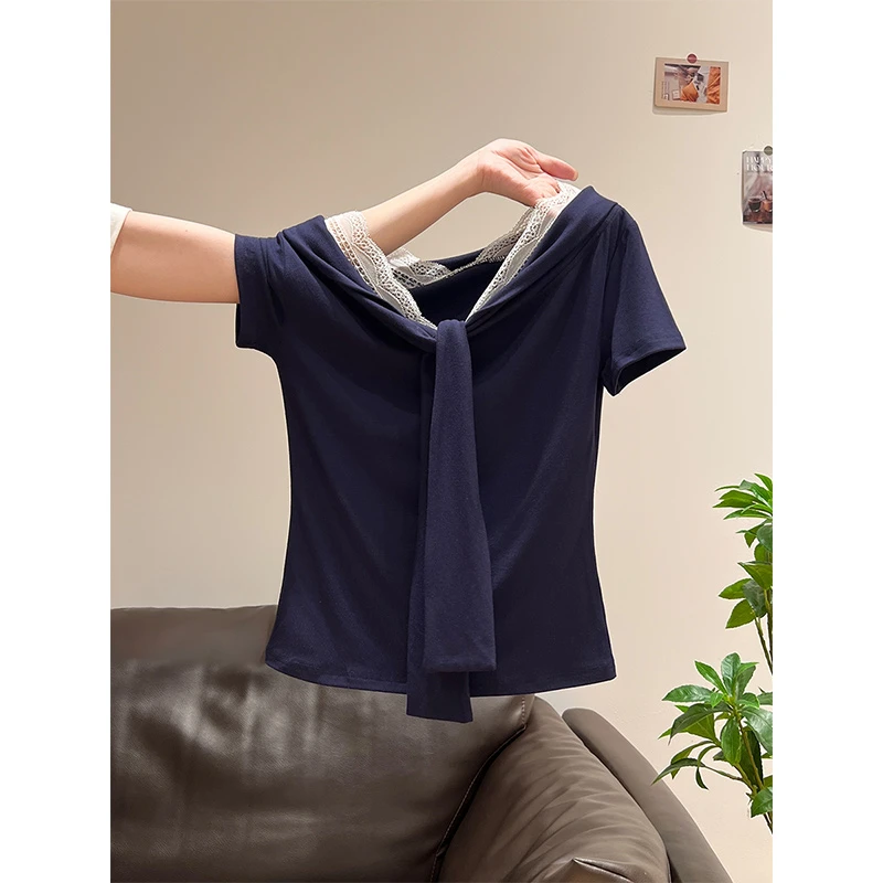假两件蕾丝拼接v领正肩短袖t恤女夏季修身显瘦chic韩系短款小上衣