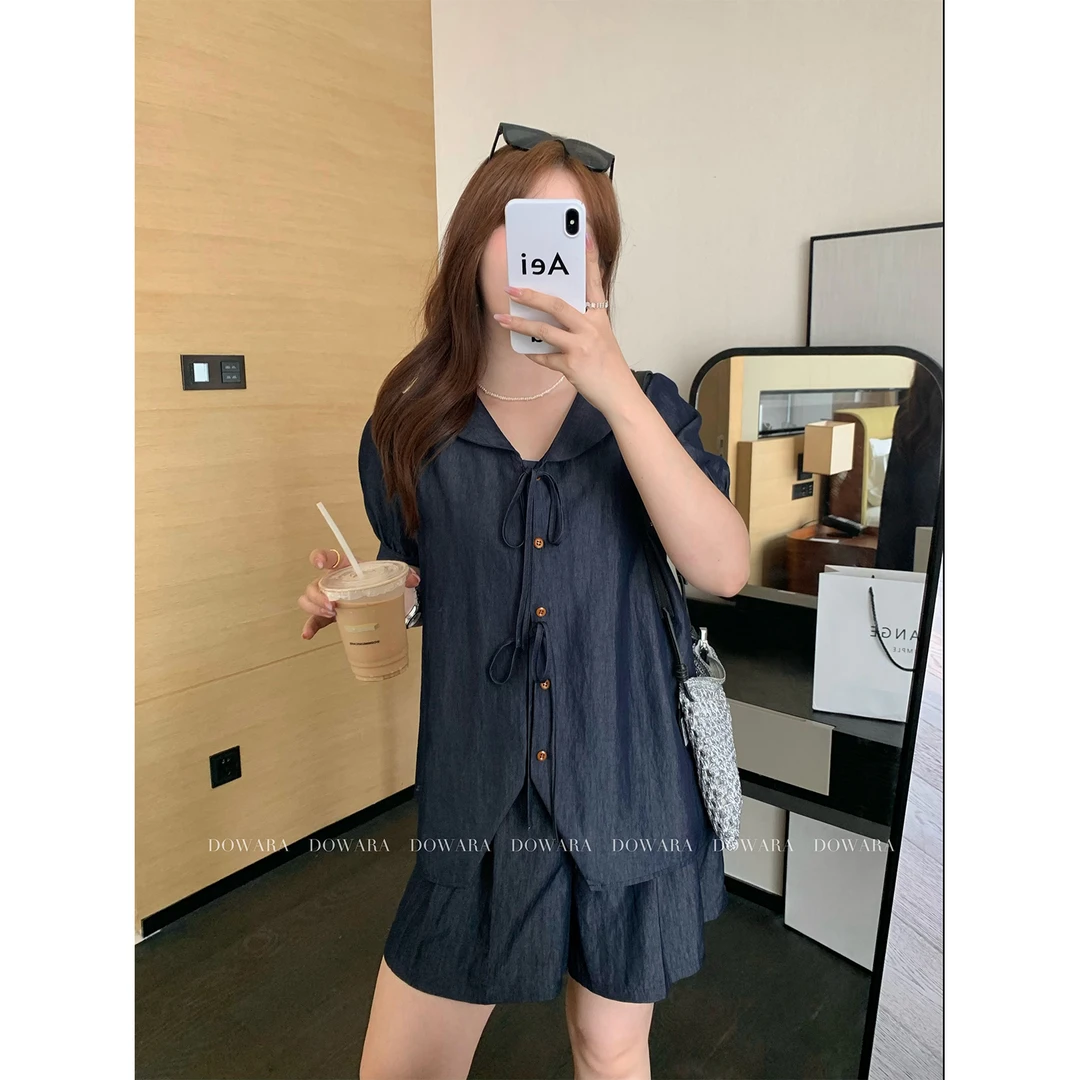 现货大婉酱微胖定制丹宁风蝴蝶结系带套装牛仔色上衣短裤女 8307D