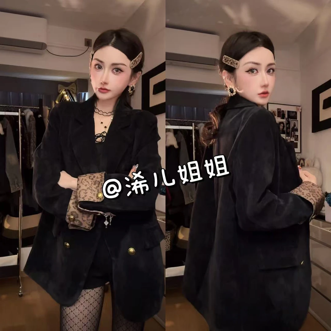 （浠儿家）高级感雪尼尔西装外套拼接豹纹韩版宽松上衣