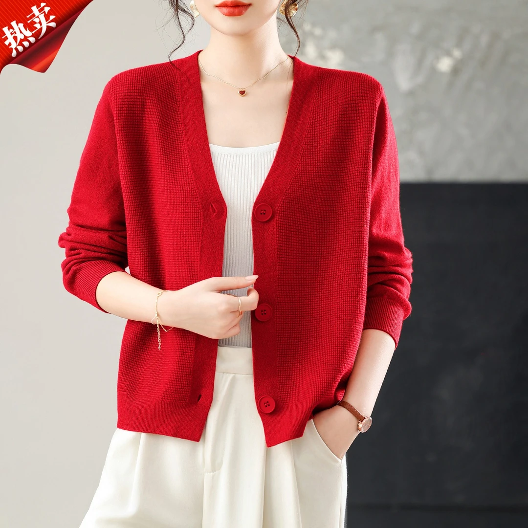 【原版正品】羊毛衫女短款毛衣外套春秋 V领洋气针织开衫配裙子外搭