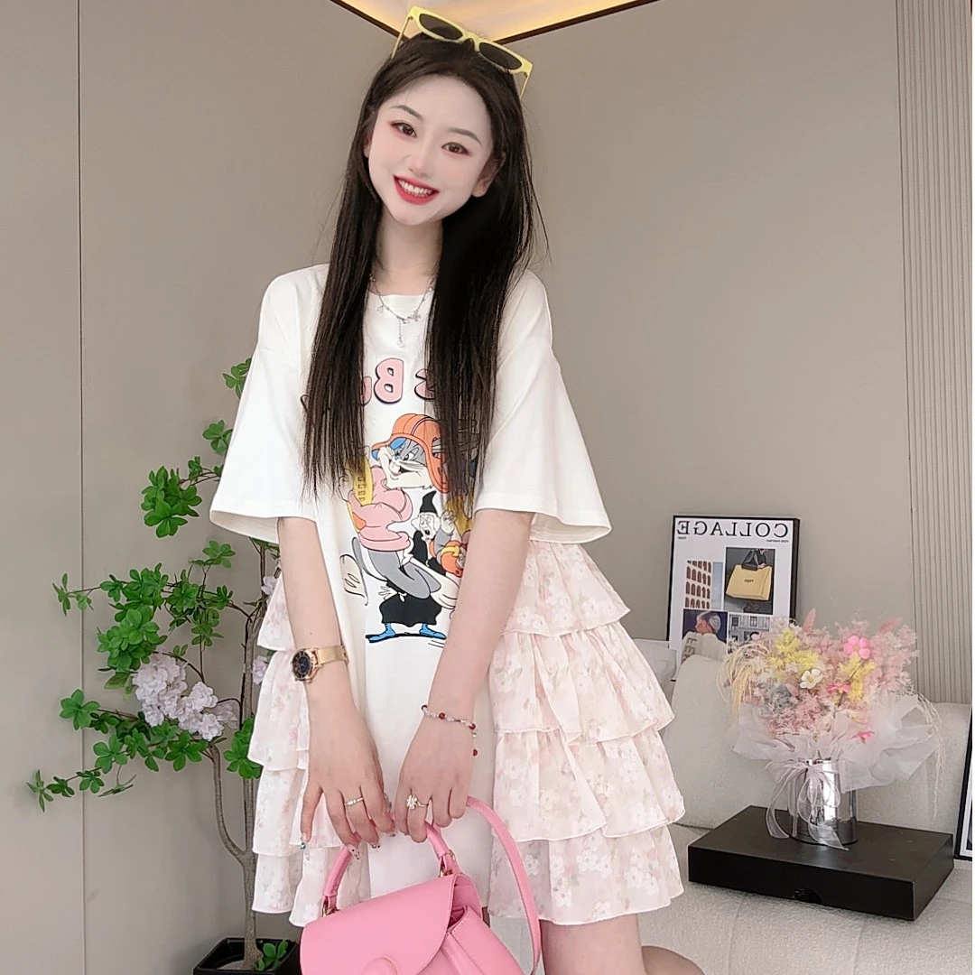 【XCZ】夏季新款氛围拼接花边设计感气质显瘦百搭时尚休闲宽松T恤