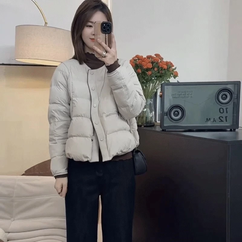 简约圆领短款棉服女2024冬季新款小个子宽松显瘦加厚保暖外套