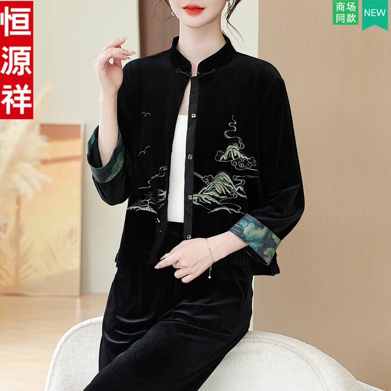 恒源祥妈妈秋装金丝绒运动套装女春秋外套中老年人洋气两件套新款