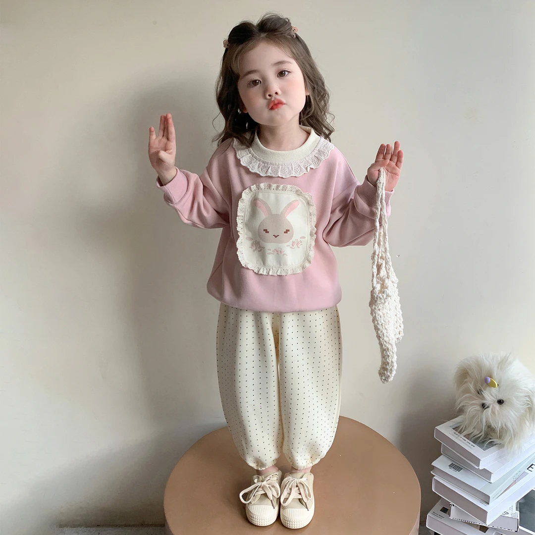 女童花边领套装春秋款小女孩洋气女宝宝卫衣圆点裤两件套儿童甜美