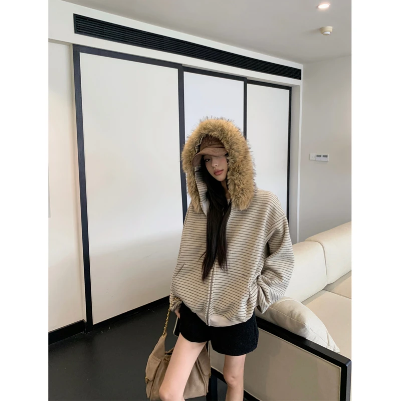 秋冬毛领条纹开衫拉链韩系甜美撞色拼接连帽卫衣女宽松开衫外套
