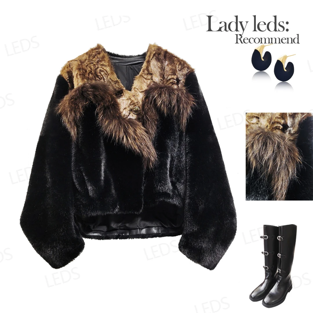 LEDS 28126冬季新款百搭气质拼接款毛毛短外套