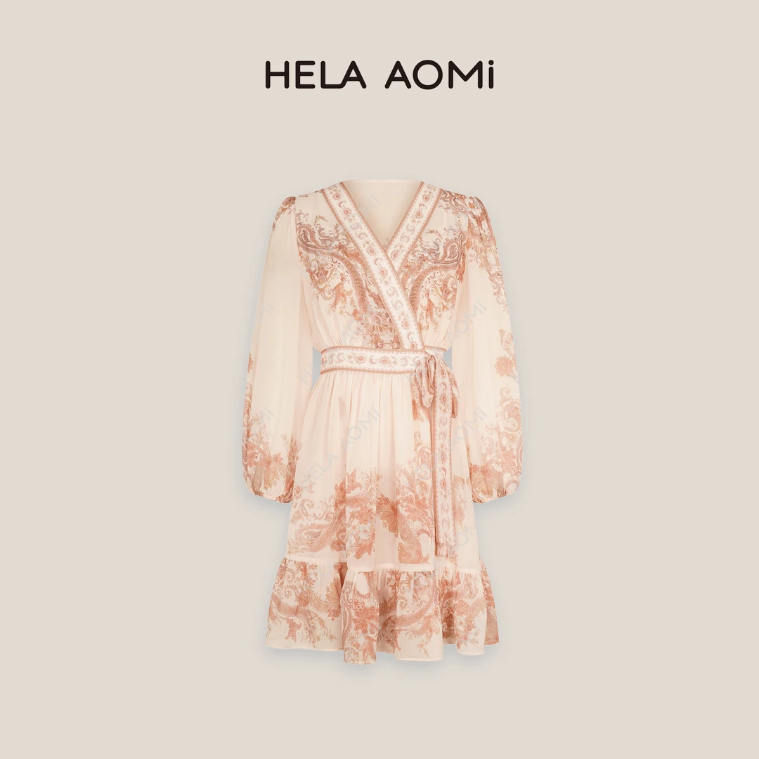 HELAAOMI “椿禾香榭”V领印花民族风莱赛尔桑蚕丝连衣裙CY5AB72618
