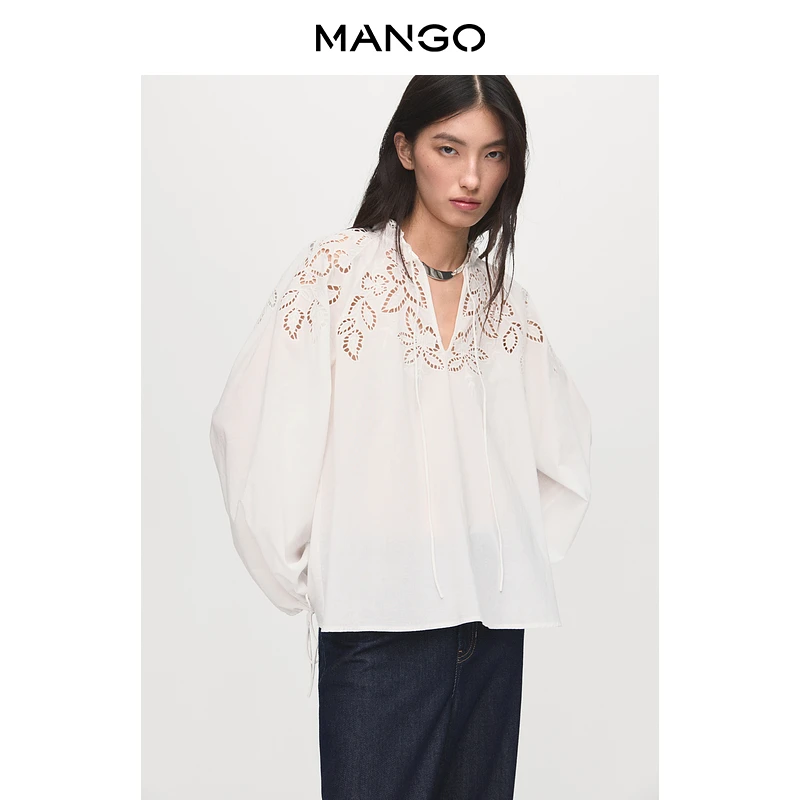 【Dark Grace】MANGO女装衬衫2025秋装新款法式镂空刺绣系带小衫