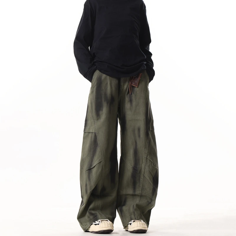 Mainfixed美式复古褶皱设计感脏染弯刀休闲裤男女垂感阔腿工装裤