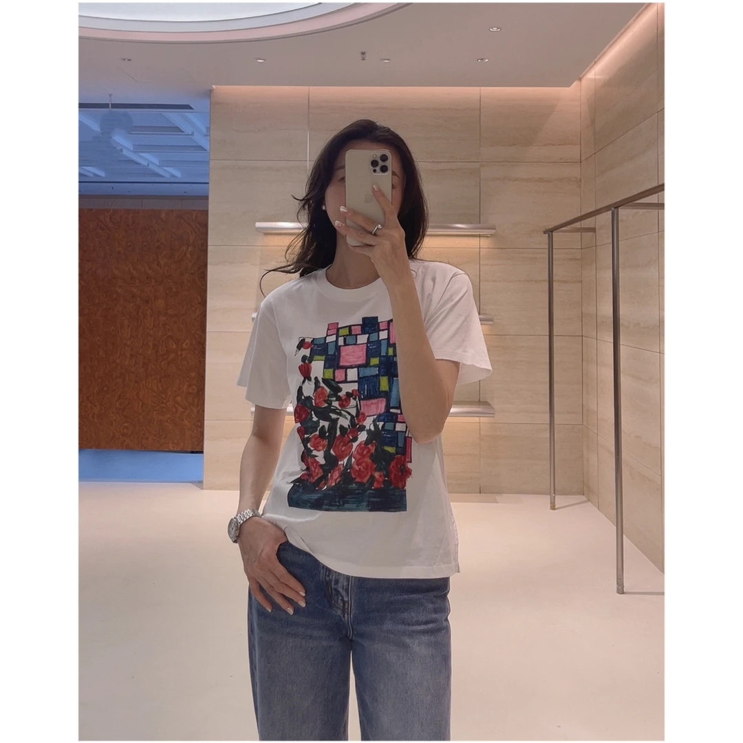 瑞瑞ANNYRUI |  时尚纯棉百搭玫瑰印花圆领T恤