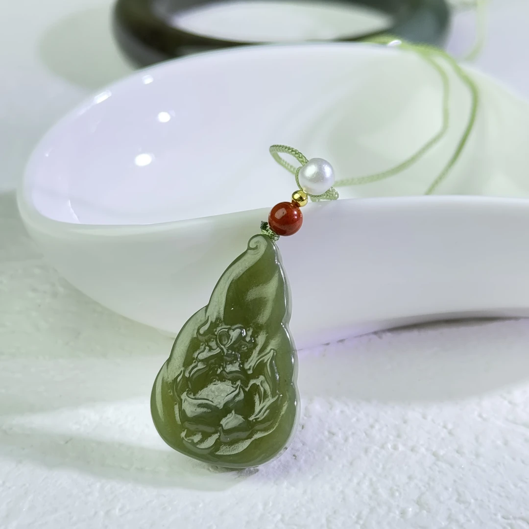 【然然家】 天然和田玉若羌黄口花中之王花开富贵吊坠