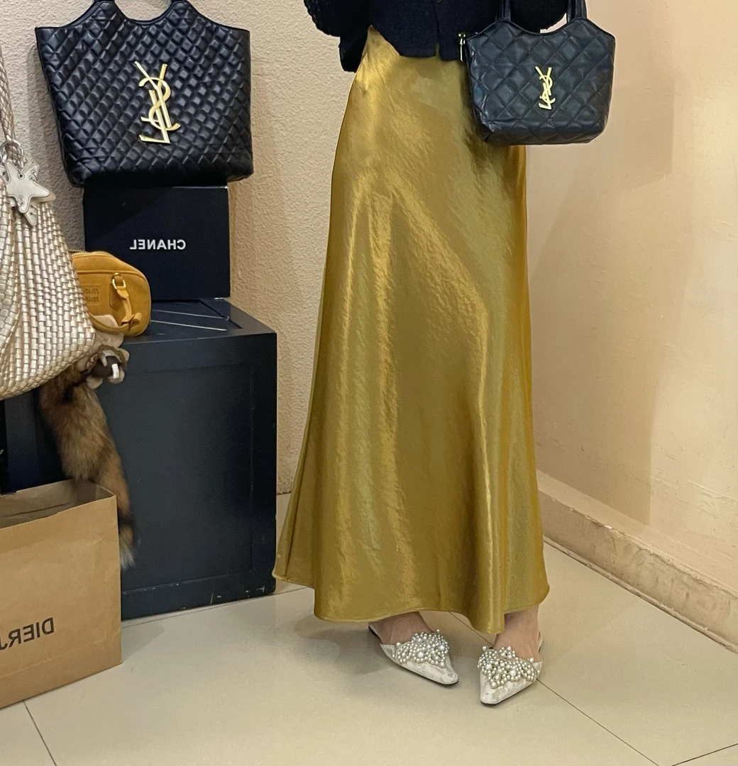 韩国东大门夏季新款缎面半身裙松紧腰拉链显瘦百搭气质轻奢小众