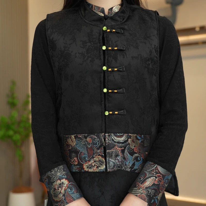 777重工提花国风新中式夹棉马甲刺绣拼接盘珠开衫