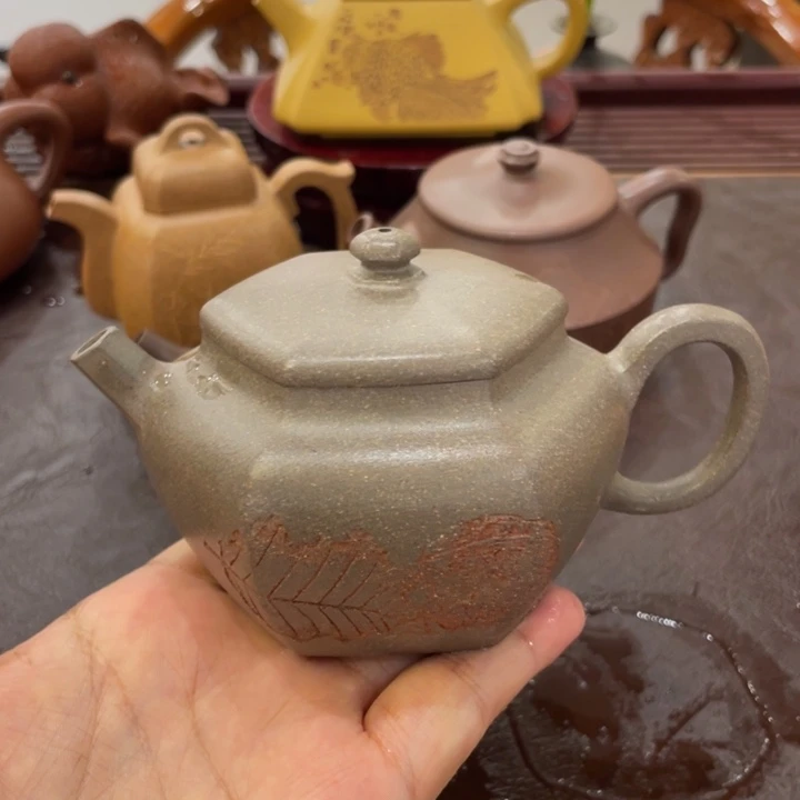 挥***人茶壶紫砂青段六方柿圆