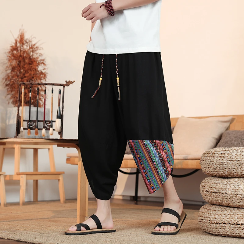 亚麻短裤男士夏季薄款休闲七分裤中国风抽绳运动裤宽松小脚灯笼裤