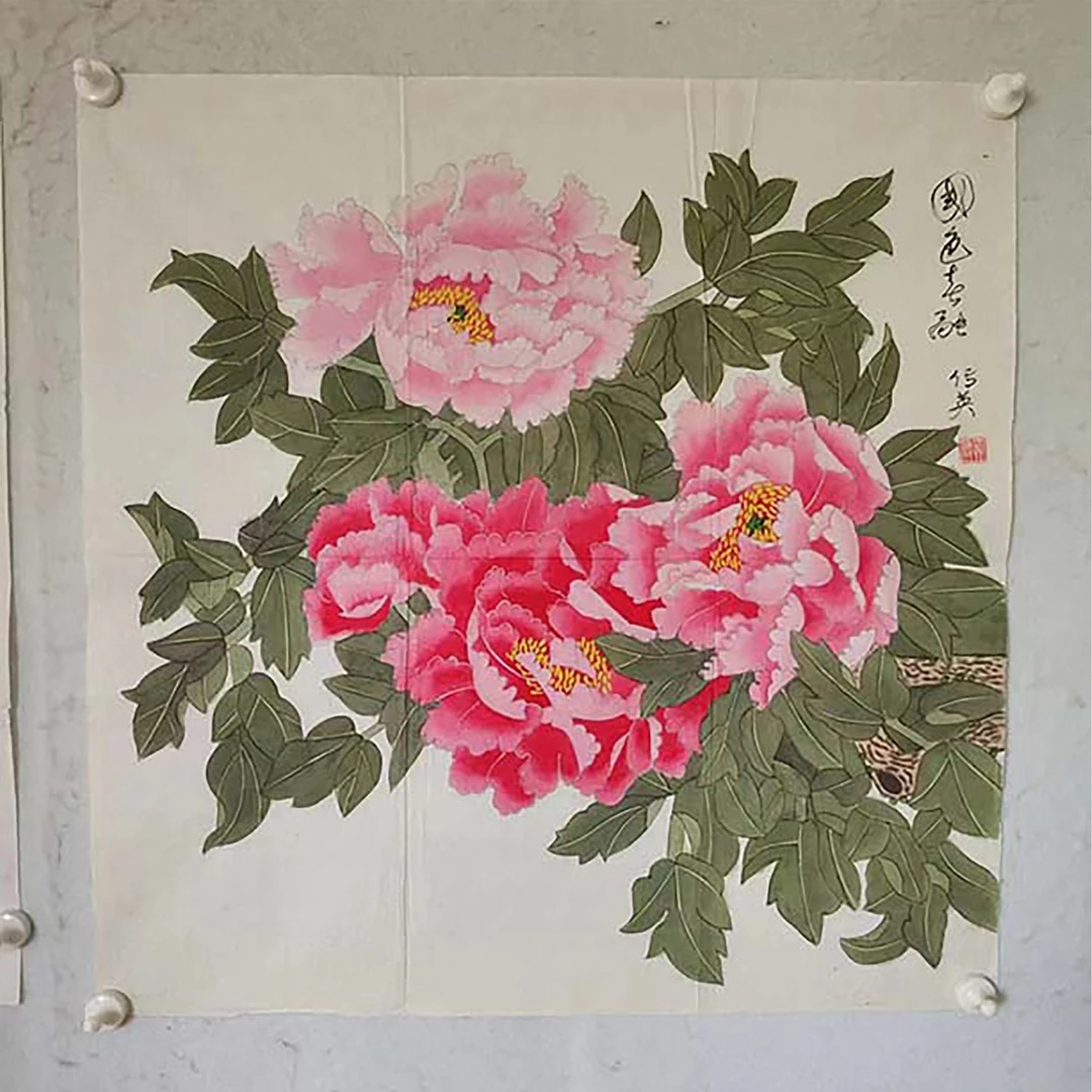 4072  纯手绘老字画《工笔.牡丹》斗方  尺寸 68×68