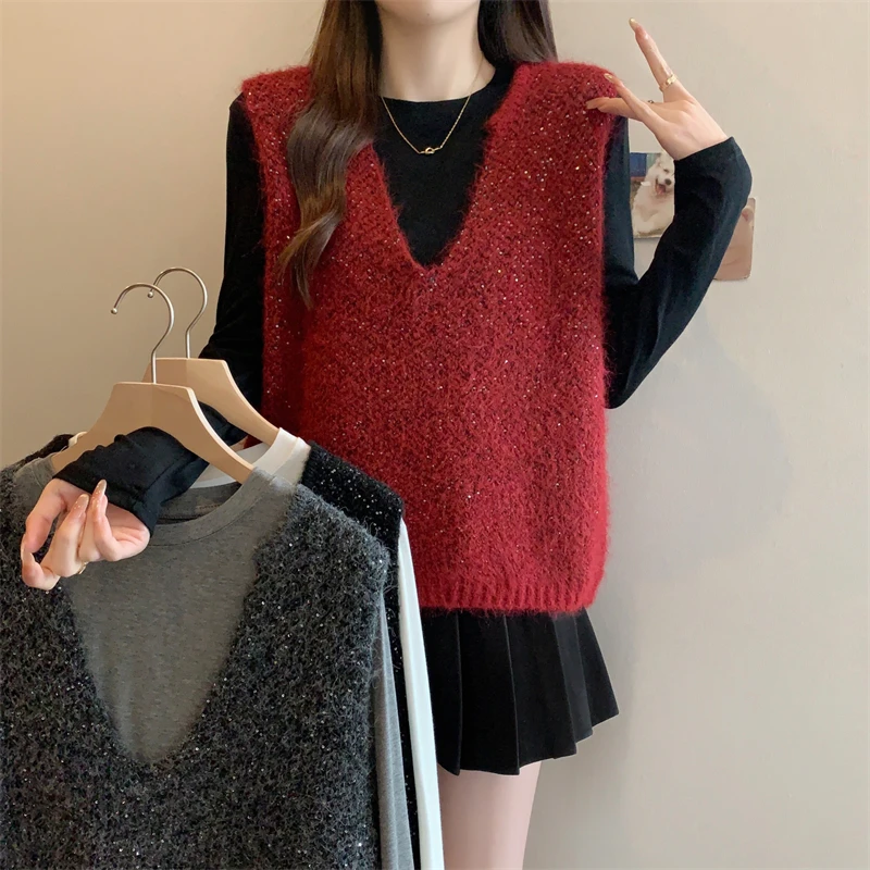 大码女装2025春季新款显瘦打底衫毛衣背心两件套装1689