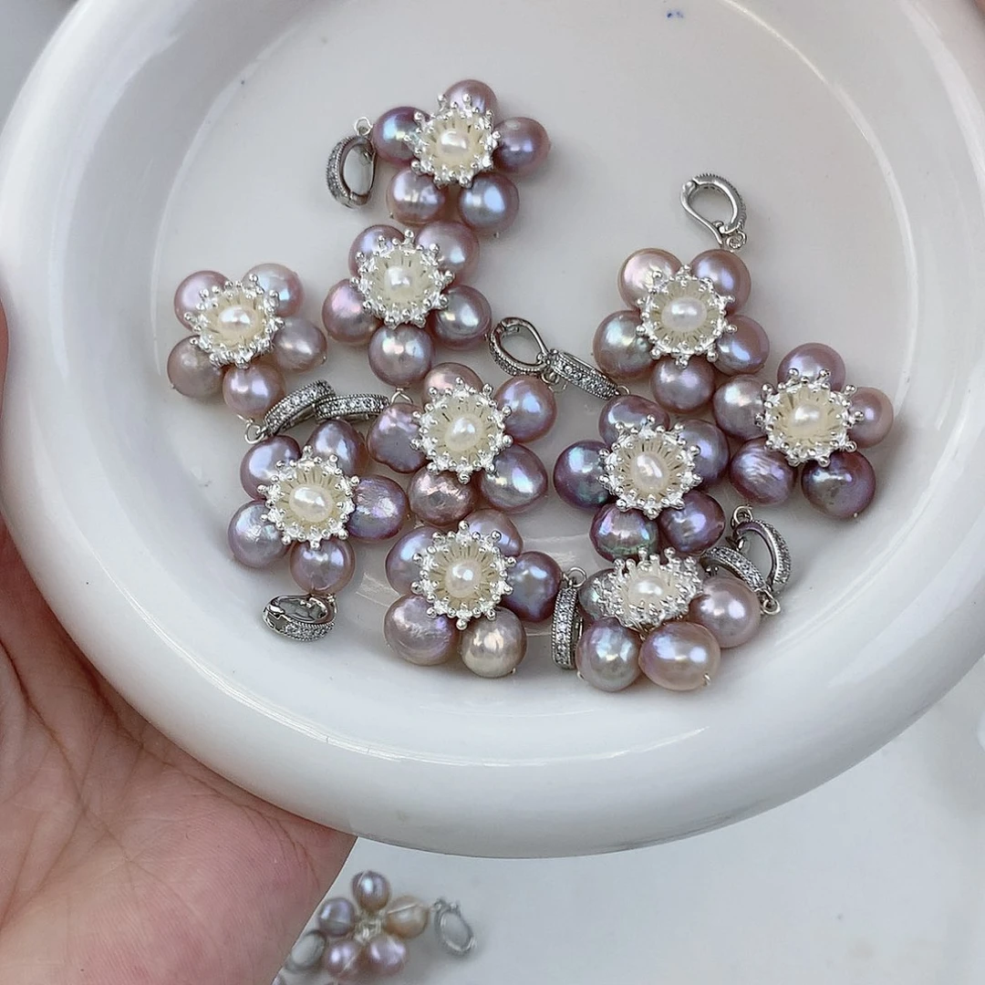 银S925镶嵌耳饰淡水珍珠紫花吊坠