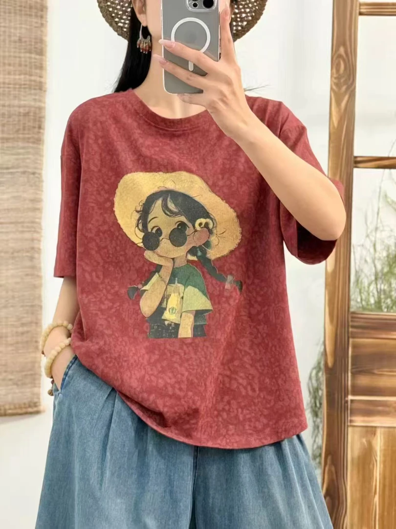 夏季新款薄款大码女孩印花短袖雪花棉休闲风圆领T恤显瘦套头ins风