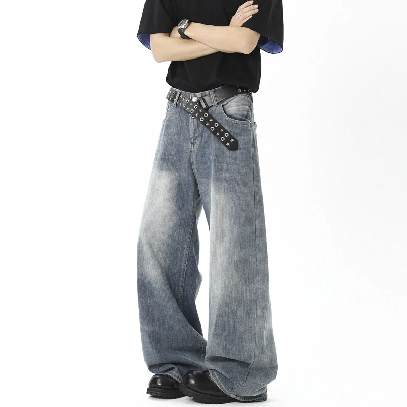 水洗蓝竹节纹弯刀牛仔裤男美式复古vibe裤子高街痞帅宽松直筒长裤
