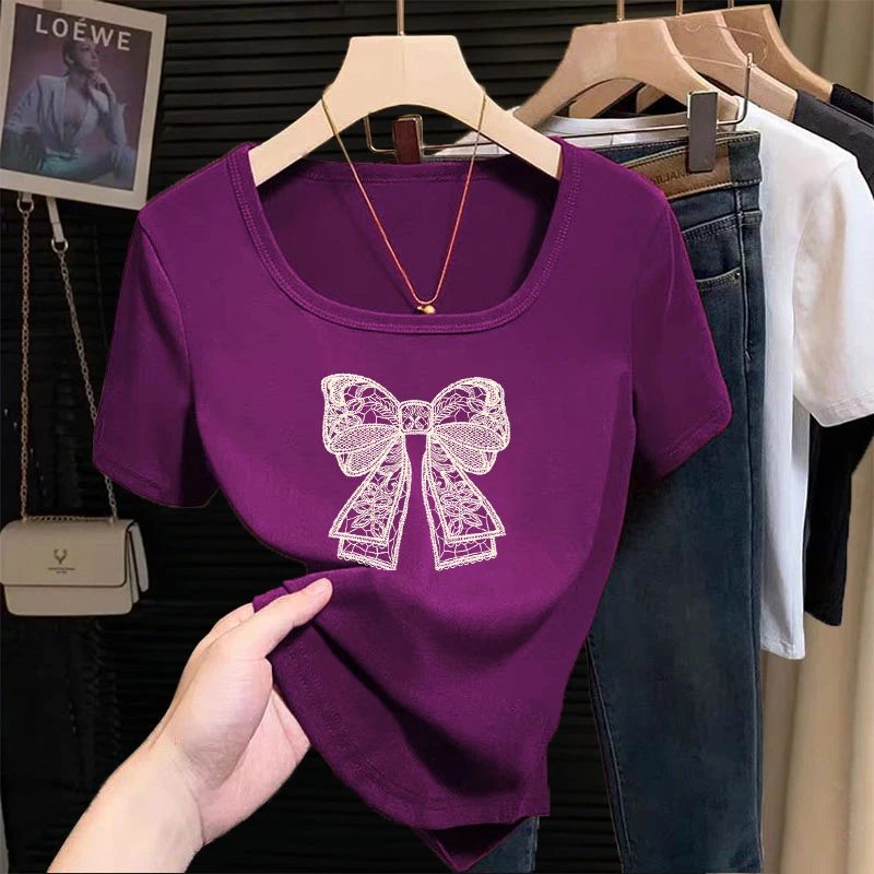 2025夏季纯棉大码百搭短袖T恤女不规则遮肉洋气印花小众方领上衣