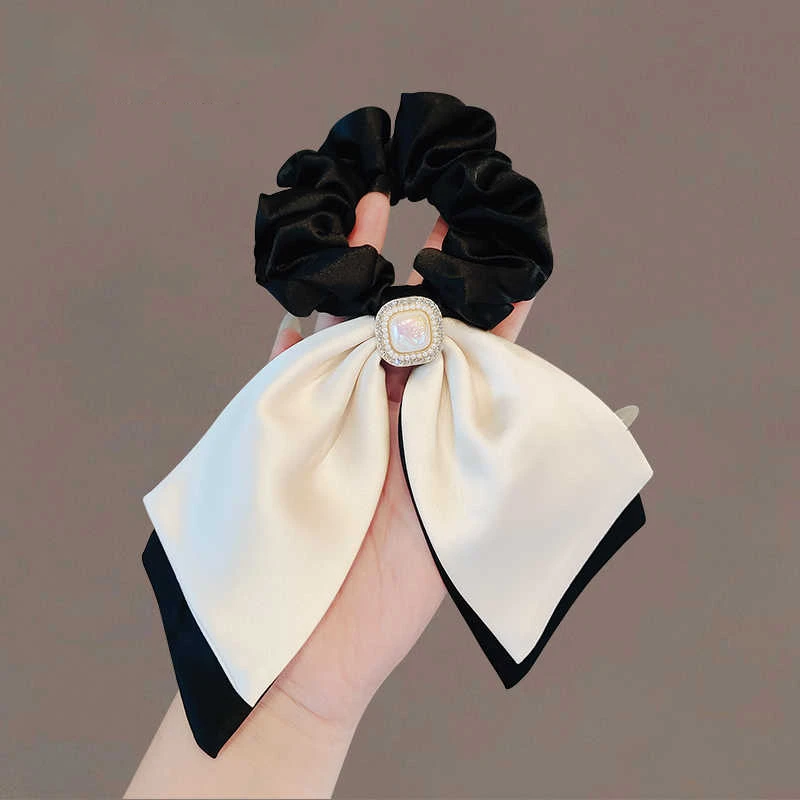 法式高级感缎面飘带蝴蝶结发圈女精致珍珠飘带发绳头绳头饰发饰