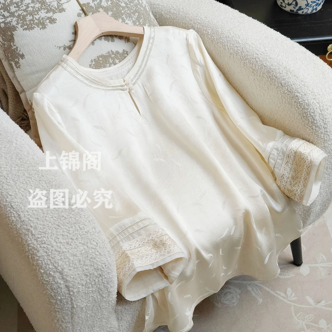 758新中式缎面提花圆领上衣衬衫2025夏新款大码百搭洋气薄款小衫