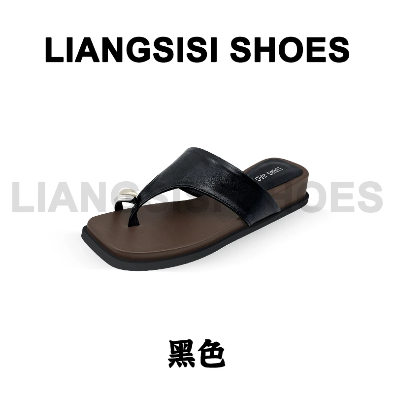 p梁思思SHOES【黑军】2025时尚百搭金属扣套趾平底人字拖鞋-2591