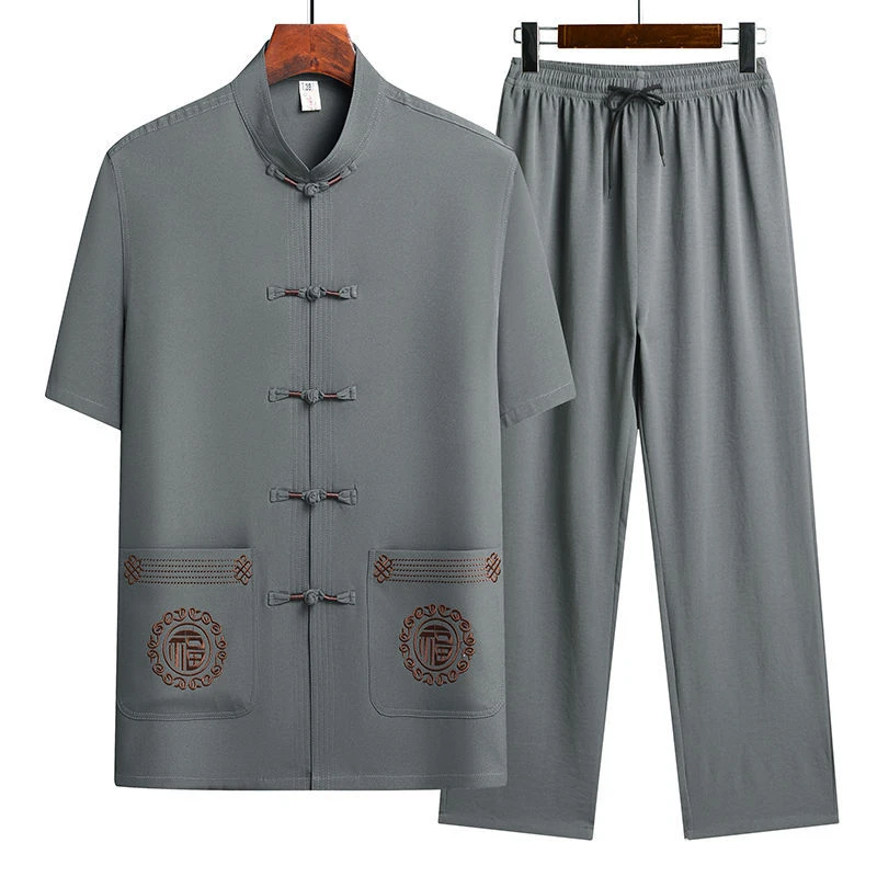中老年唐装男士短袖套装爸爸夏装中国风冰丝爷爷夏季老人衣服薄款