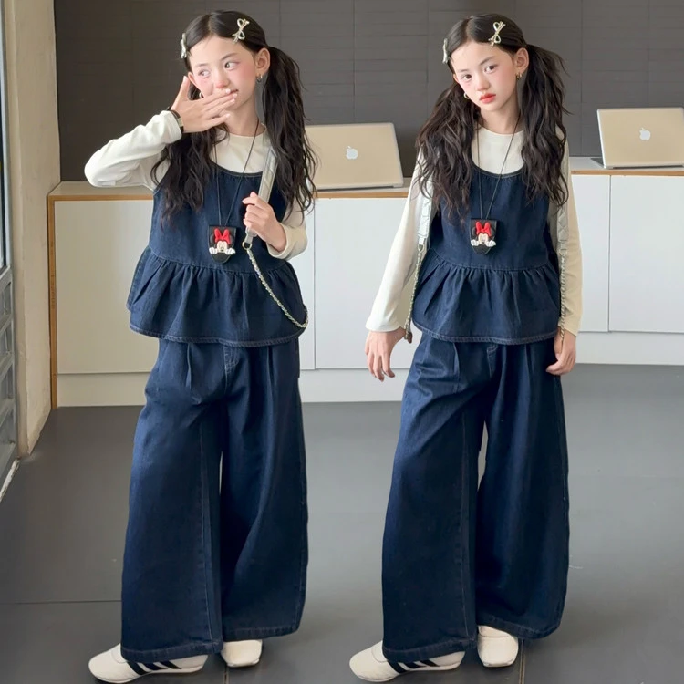 女童套装2025秋季新款时髦洋气牛仔娃娃衫阔腿裤中大童韩版三件套