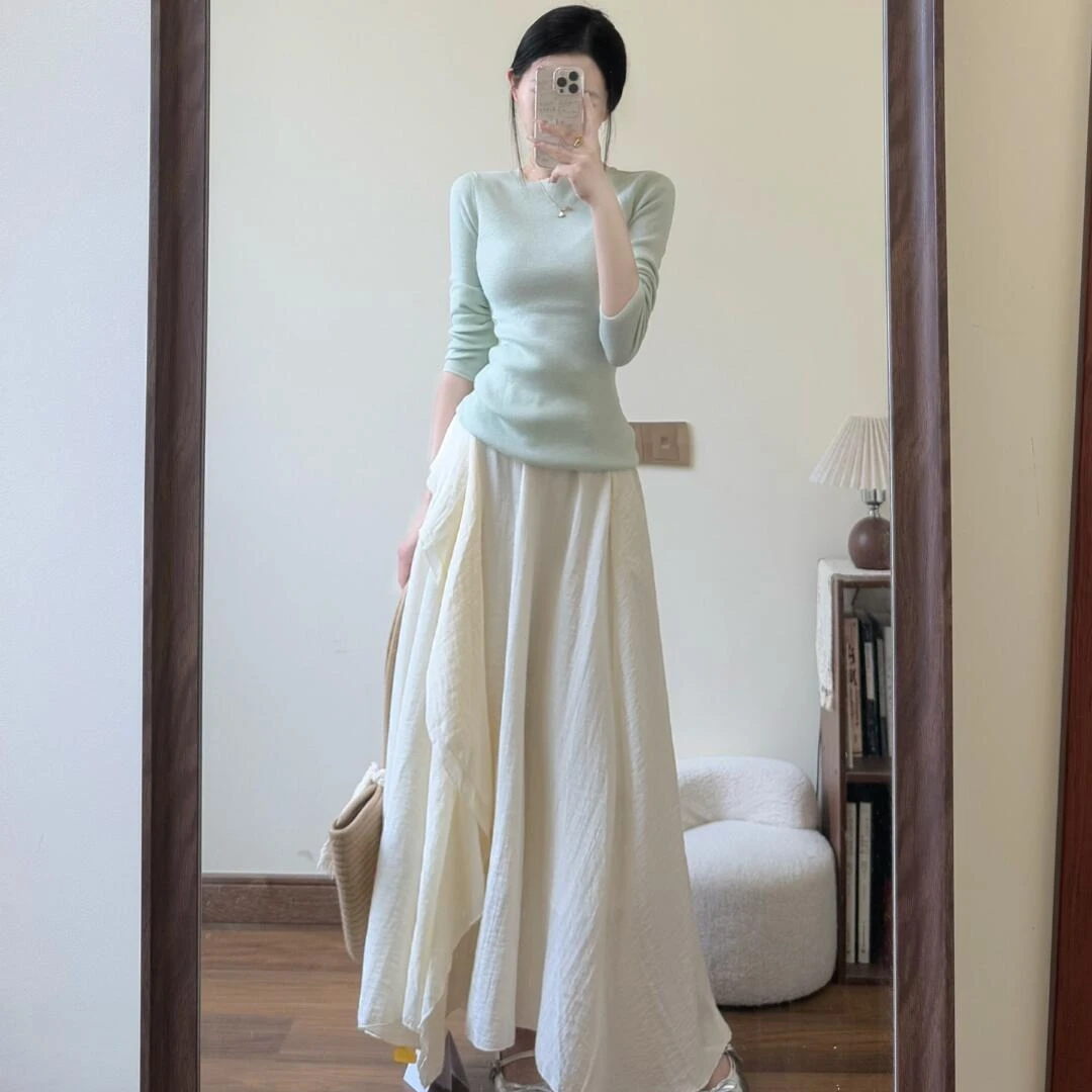 韩系穿搭一整套减龄套装女早秋绿色针织衫不规则百褶半身裙两件套