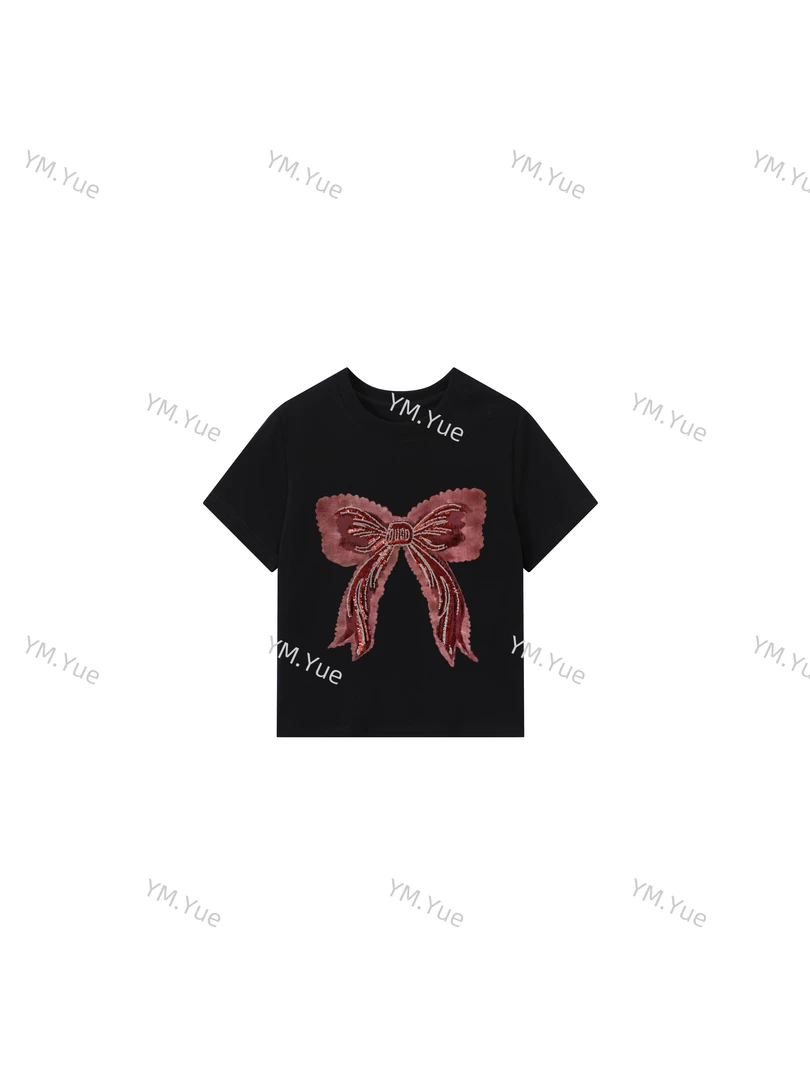 【红色蝴蝶结】新款圆领百搭重工T恤珠片时尚气质女装设计师上衣