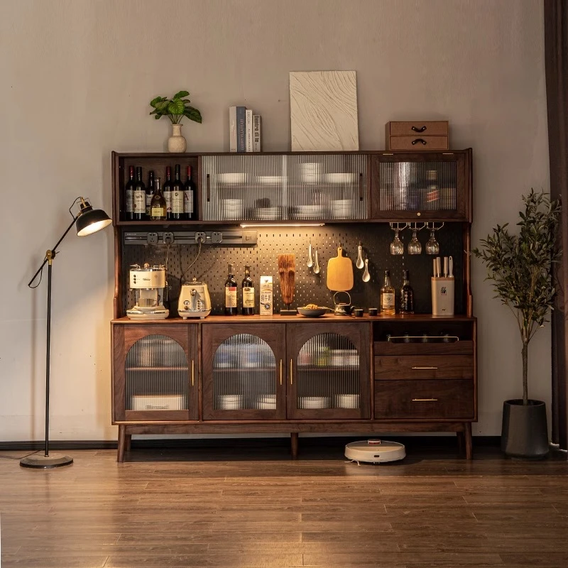 北美黑胡桃木餐边柜实木吧台一体靠墙收纳柜日式玻璃高柜酒柜家具