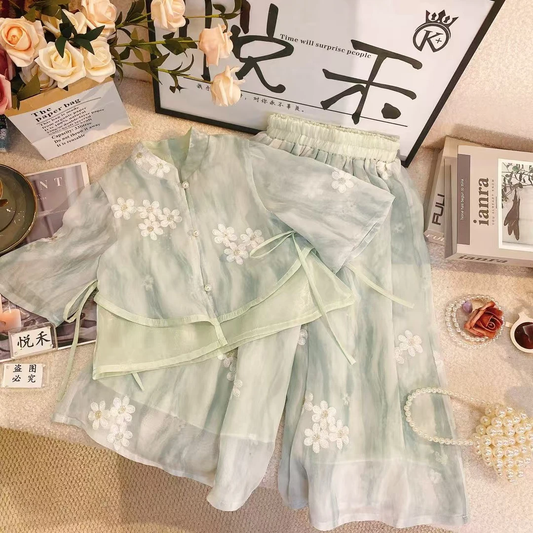 M女童新中式国小飞袖2025夏季飘逸甜美公主长裤套装8733