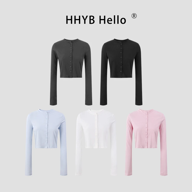 HHYB Hello纽扣开衫长袖防晒衫女夏2025新款百搭显瘦小上衣250526