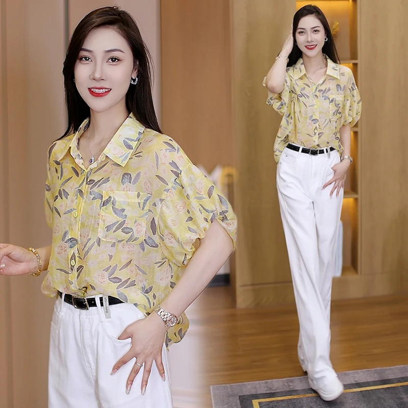 夏季休闲短袖夏季女装时尚气质通勤休闲洋气碎花显瘦衬衣小衫
