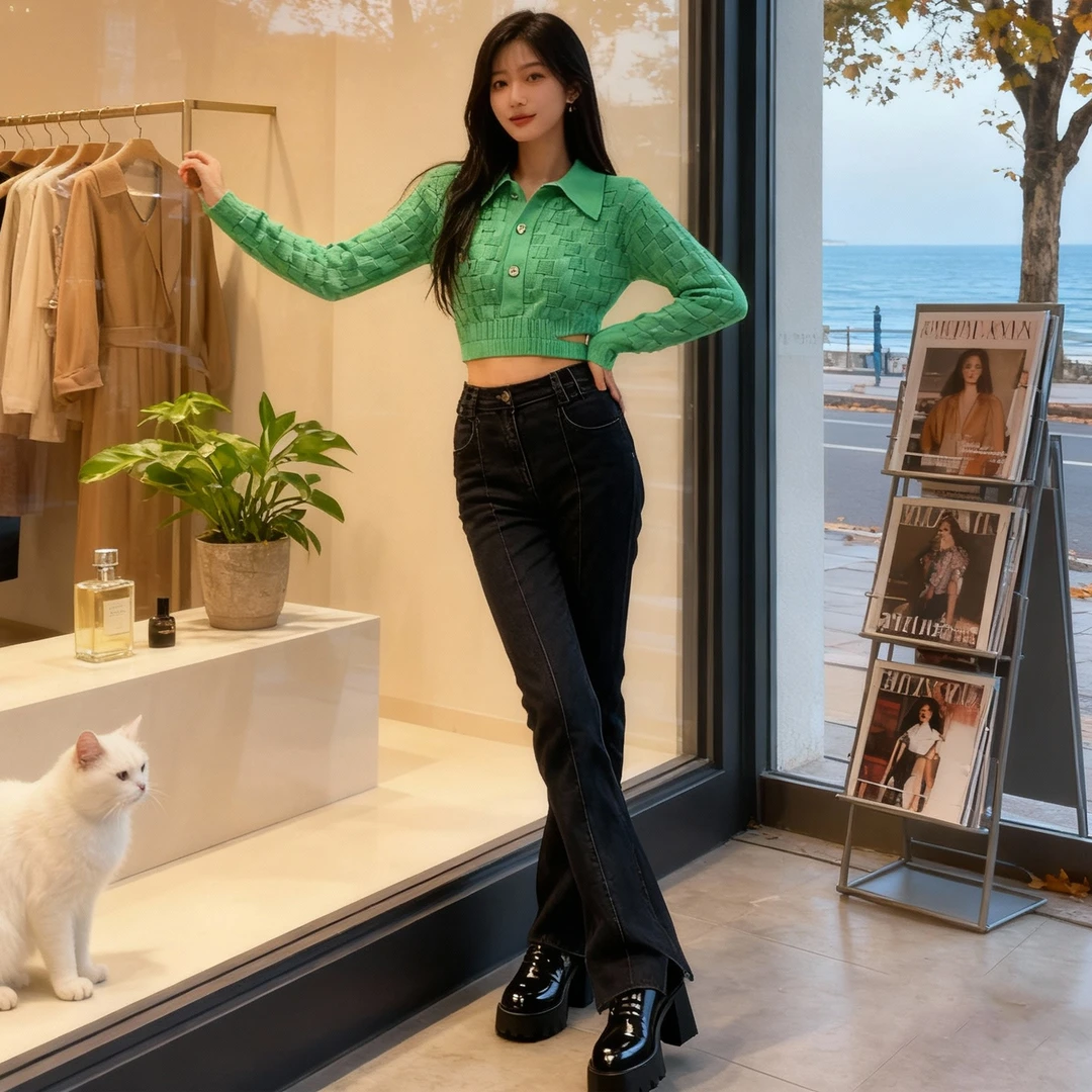 明星同款绿色短款针织衫上衣春秋显瘦设计感小众polo领长袖毛衣女