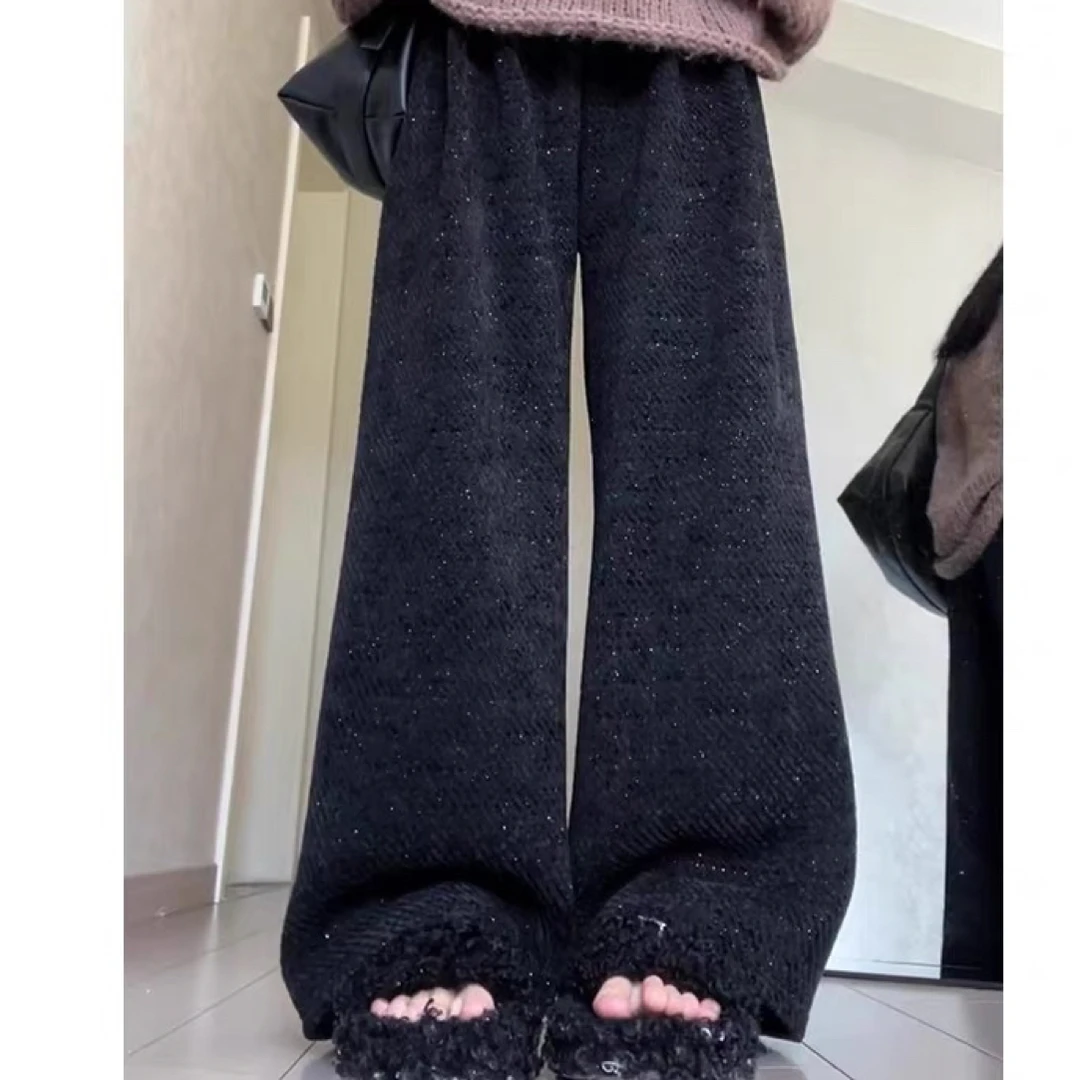 （浠儿家）秋冬冬百搭显瘦黑色细闪阔腿裤韩系软乎慵懒风直筒休闲裤