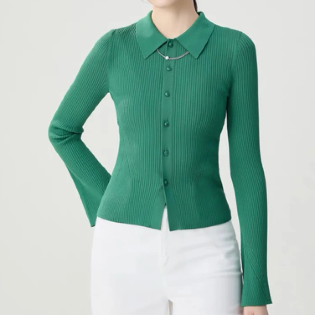 哥弟polo 领针织衫长袖上衣竖螺纹复古修身简约百搭弹力1499242