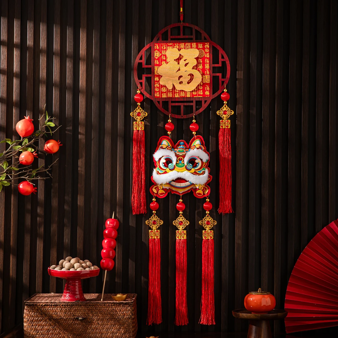 马年新年百福木挂件春节醒狮装饰2026新过年家用客厅墙壁挂饰布置